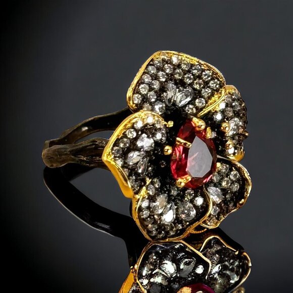 NEW Flower Cocktail Ring Sz.8 14K Black Gold Over S925 Silver Orchid Glam Fairy - Picture 2 of 13